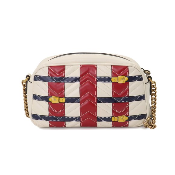 GUCCI GG Marmont Quilted Small Chain Shoulder Bag Leather Ivory Red Navy 447632 - Picture 2 of 9